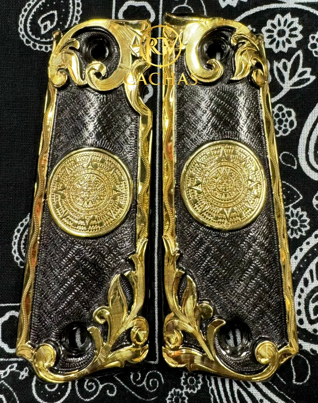 thumbnail image 2 of 24K Gold Plated 1911 Full Size Pistol Grips - Mayan Aztec Design With Ambi Cut - USA Made 2 of 5