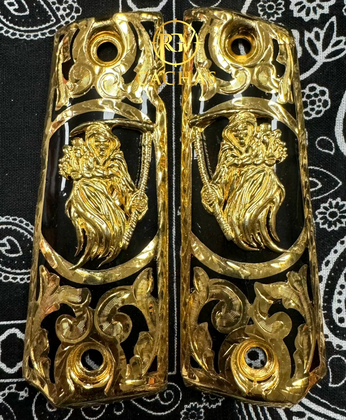 1911 Full Size Santa Muerte Scroll Grips – Gold Guns