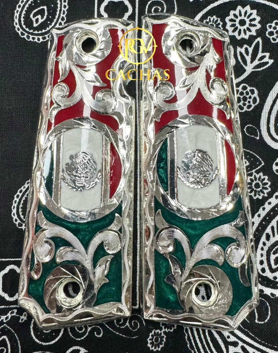 Nickel & Gold Mexican Eagle Grip Panels For 1911 Full Size Government Pistol