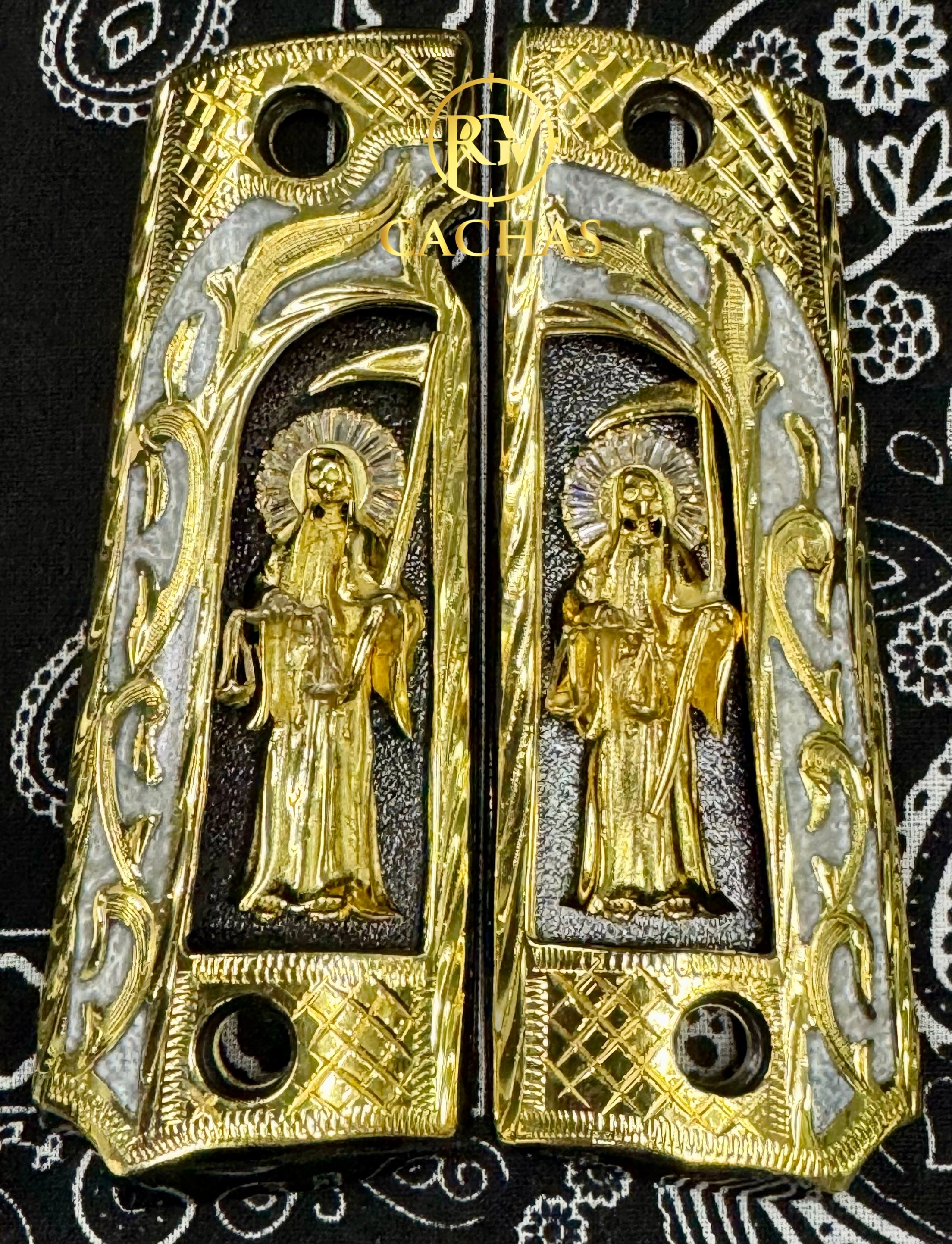 thumbnail image 2 of SHARDBLADE Custom 1911 Grips – Full-Size Fits Colt Springfield – La Santa Muerte Engraved (Gold/White Pearl) 2 of 3
