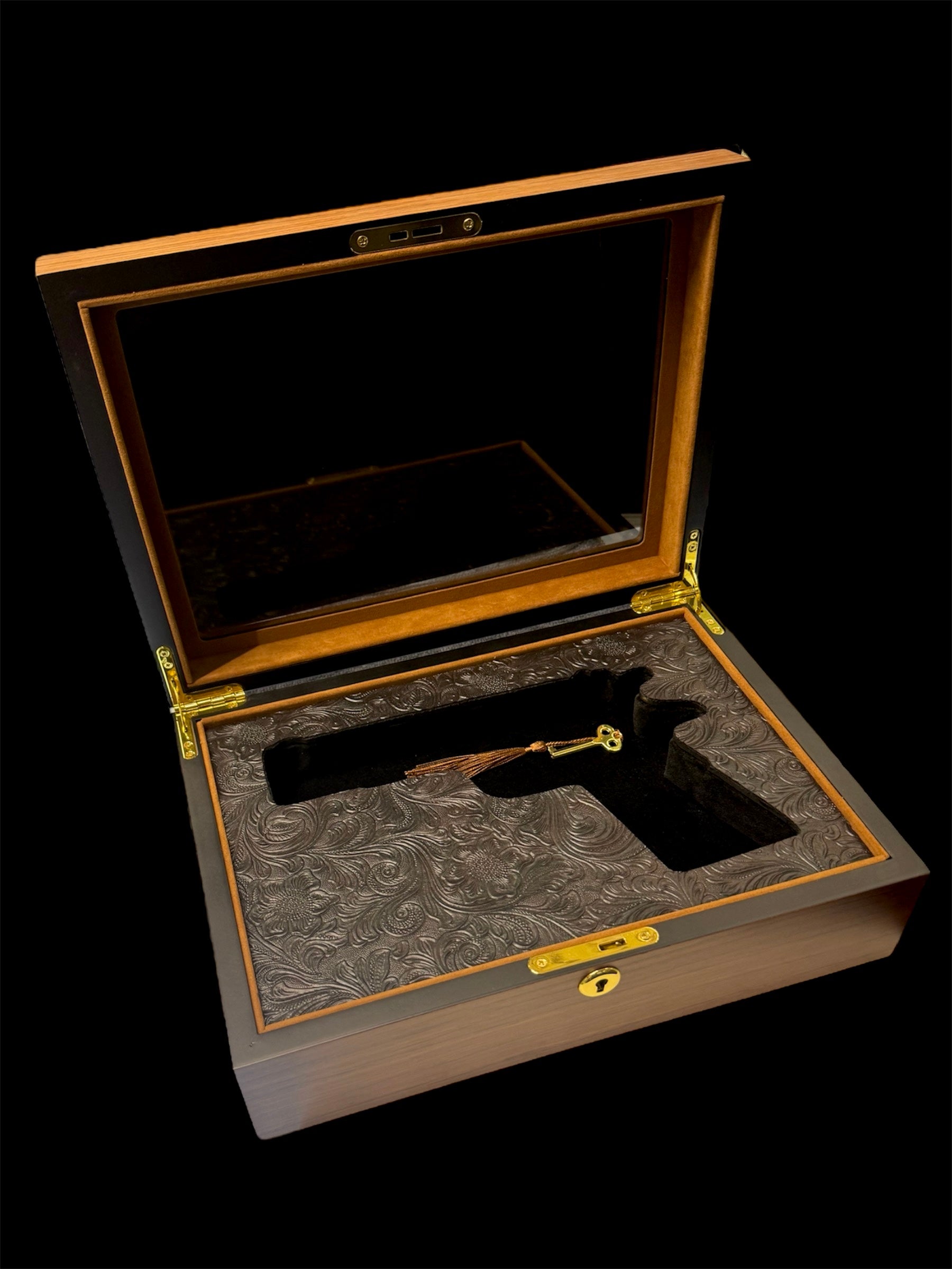 Scroll Case Components 1911 Scroll Display Case – Gold Guns