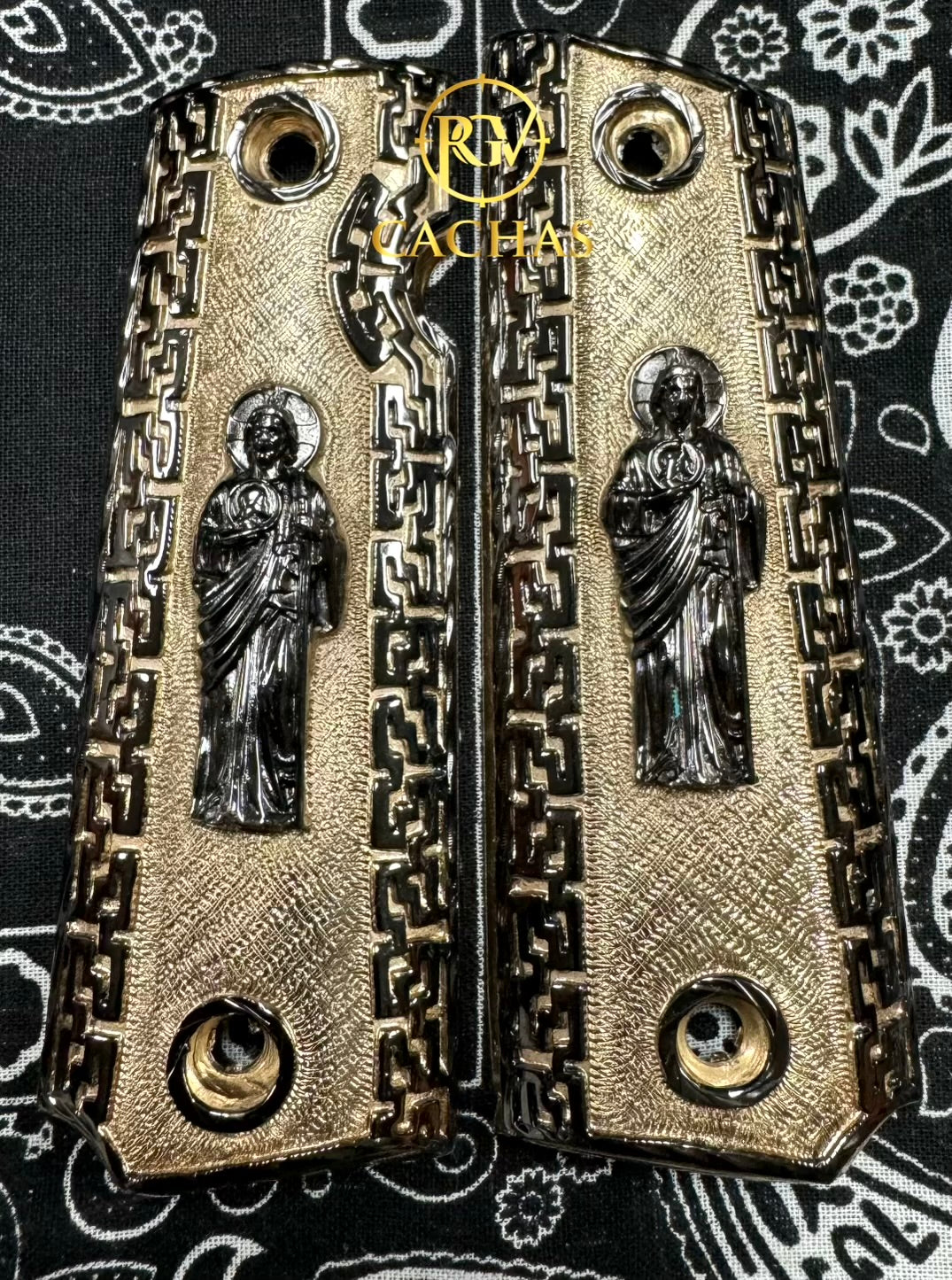 1911 Full Size Virgin Mary Grips – Gold Nickel Finish – Colt 45/38 Super Ambi Cut