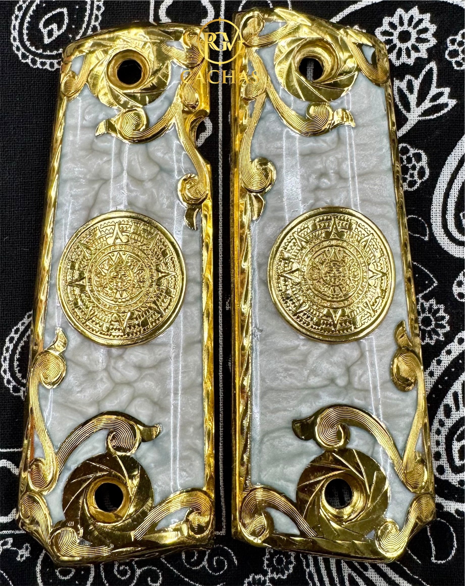thumbnail image 2 of 24K Gold Plated 1911 Full Size Pistol Grips - Mayan Aztec Design With Ambi Cut - USA Made 2 of 5