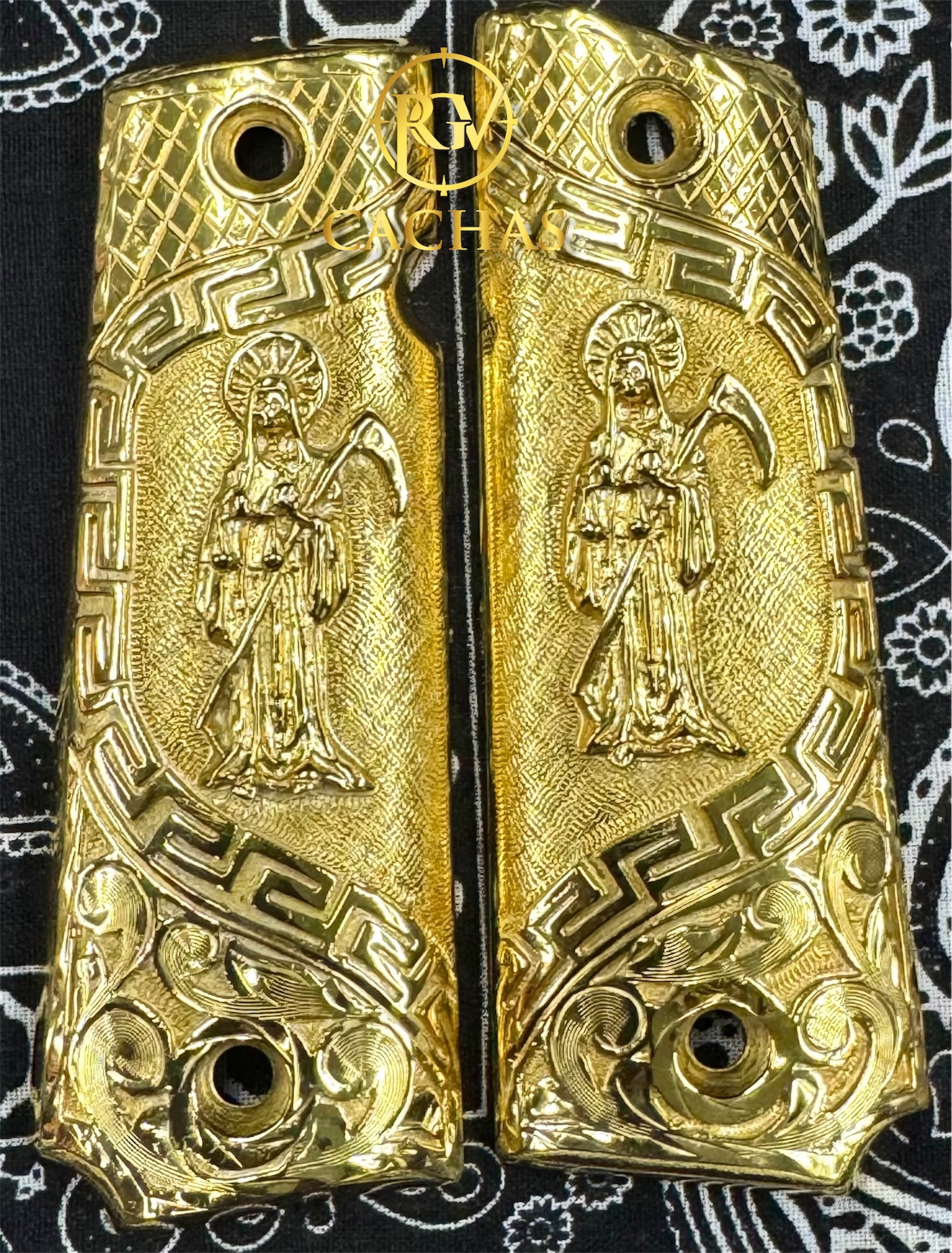 1911 Full Size Santa Muerte Greek Grips – Gold Guns